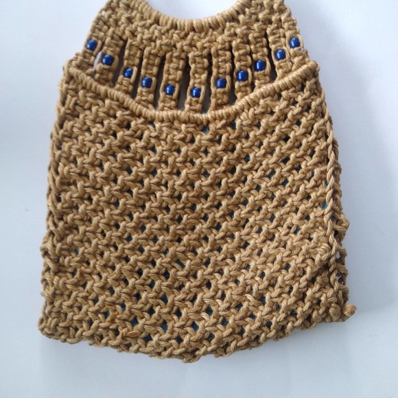 Vintage Macrame Tote Bag with Blue Wood Beads & Wood Handles - Picture 7 of 9